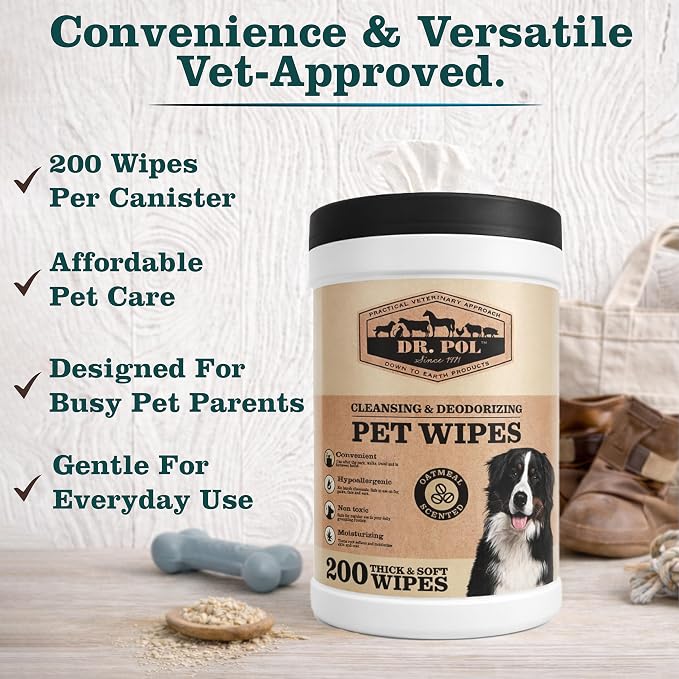 Dr. Pol Pet Cleansing Grooming Wipes Canister, 200 Count, Oatmeal Scented