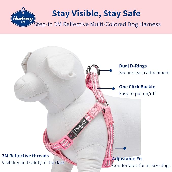 Blueberry Pet 5 Colors Step-in 3M Reflective Multi-Colored Stripe Padded Dog Harness, Chest Girth 26" - 39", Pink & White, Large, Adjustable Harnesses for Dogs