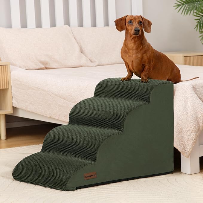 Aodisman Dog Stairs Ramp for Bed and Couch,4 Step Dog Steps for Small Dogs,Pet Stairs with Non-Slip Bottom for Old Cats,Indoor Pet Steps,Comfort,Durable,17.4" H,Green