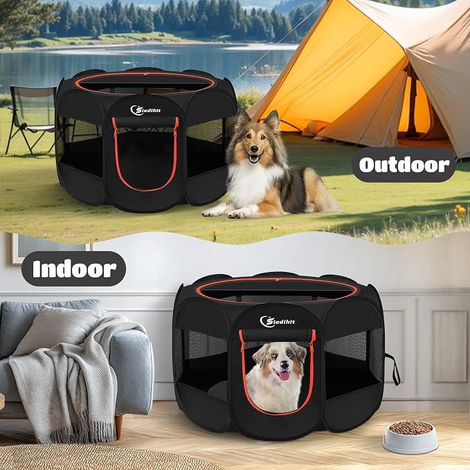Siedihit Dog Playpen, Large Puppy Pet Playpen, Dog Crate Tent Cage Indoor/Outdoor, Portable Pop Up Dogs Kennel Playpen with Carrying Case for Dogs/Cats/Rabbitss, Black