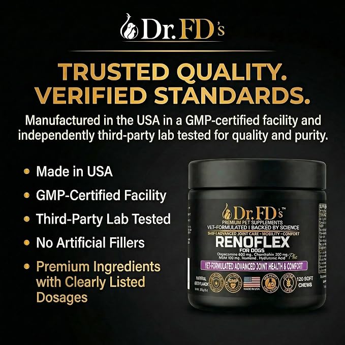 Dr. FD's RenoFlex Dog Joint Supplement, Vet-Formulated Soft Chews, 120 Count, Hip and Joint Support with Glucosamine, Chondroitin, MSM and Turmeric, Joint Comfort and Mobility, Natural Beef Flavor