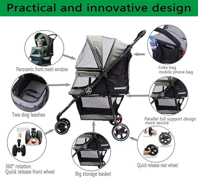 ROODO 3-Wheel Pet Stroller - Cationic Ash, up to 30lbs