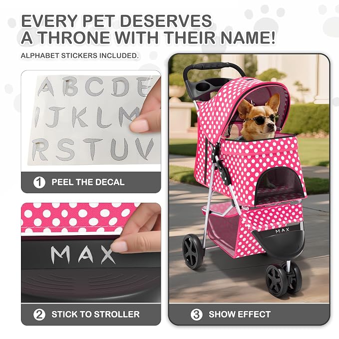 MoNiBloom 3-Wheel Foldable Pet Stroller - Hot Pink Polka Dots