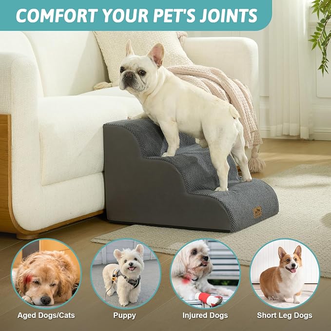 COZY KISS Wide Dog Stairs for Small Dog 15.7" H, 3 Step Pet Ramp for Couch | Curved Stable Dog Step for Puppy, Older Cat, Senior, Medium, Short-Legged Dog, Non-Slip Ladder, 17.7 inch Width, Dark Grey