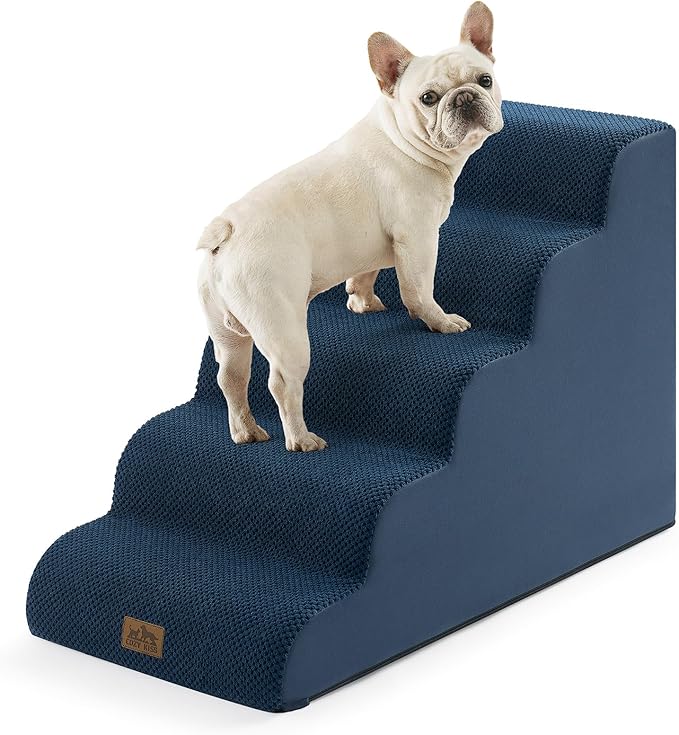COZY KISS Wide Dog Stairs for Small Dog 22.6" H, Curved Pet Step for Puppy, Older Cat, Curved Ramp for High Bed or Car, Ladder with High Density Foam, Durable, 5 Step, 17.7x33x22.6 inch, Navy Blue
