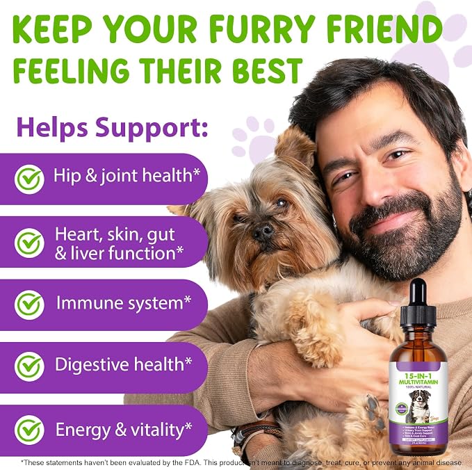 Dog Multivitamin Drops, 15 in 1 Multivitamin Liquid for Dog with Vitamin C-20 Mg, Vitamin D-100 Iu & B1-3,Dog Health Supplements for Skin Care, Joints & Hips,Gut