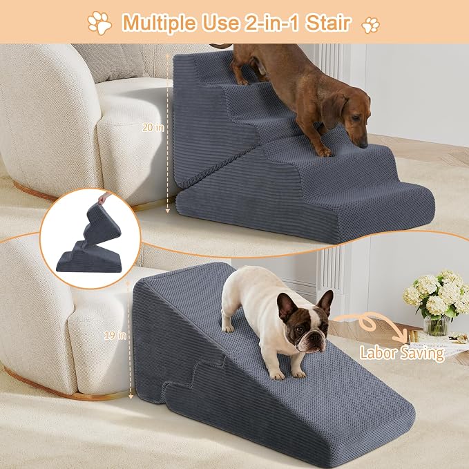 Dog Ramp for Bed, Extra Wide 20" Width Dog Stairs for High Bed, 2 in 1 Pet Steps for Small Dogs, 4-Step Foldable Transformable Large Cats Ramp to Get on Couch, Non-Slip Balanced, Grey