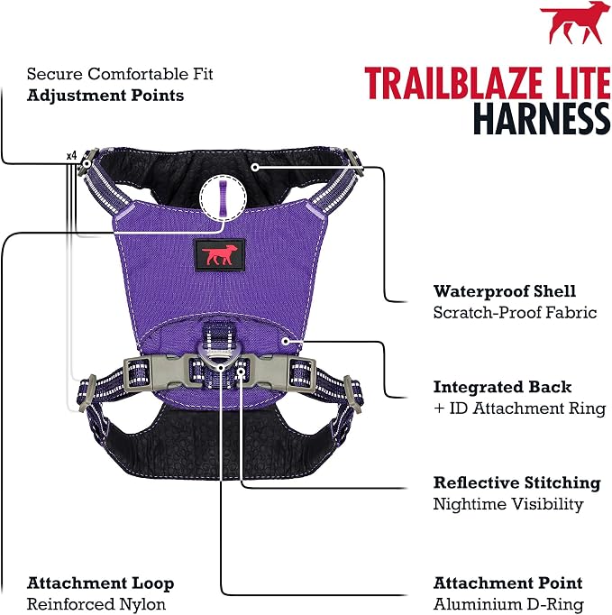 Tuff Pupper All-Day Wear Dog Harness | for Walking, Trail Running, Hiking | Front & Back Leash Clips | Reflective Trim | Easy On/Off Buckles | Lightweight Breathable | No Pull Design (XXXS, Purple)
