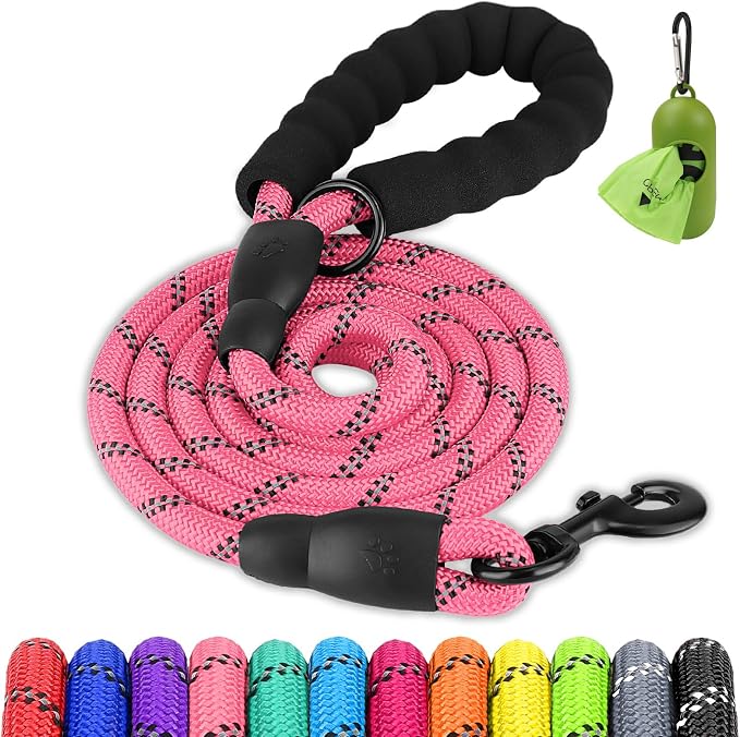 Joytale Rope Dog Leash for Medium Large Dogs, Padded Handle, 6FT, Pink | Reinforced Nylon Webbing, Comfort Grip Eases Hand Strain, Swivel Clip Prevents Tangles, Visible at Night, for Outdoor Walks