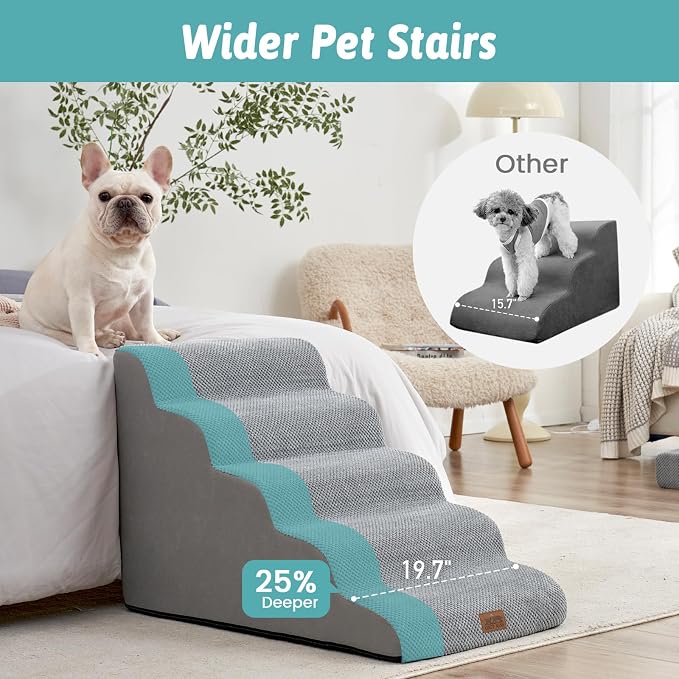 COZY KISS Extra Wide Dog Stair for Small Dog, 5 Step Pet Ramp for Bed | Curved Stable Dog Step for Puppy, Older Cat, Senior, Medium, Short-Legged Dog, Non-Slip Ladder for High Bed, 22.4" H, Grey