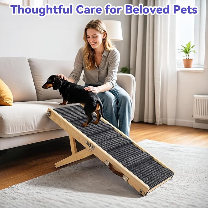 Pawaboo Foldable Dog Ramp, Small Dog Ramp for Couch, 4 Adjustable Height from 13'' to 21", Stable Pet Steps with Non-Slip Pad, Portable Pet Ramps Use for Couch Sofa Stairs, Wood