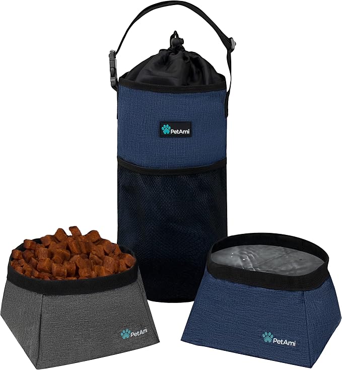 PetAmi Travel Dog Food Bag with Collapsible Bowls Set, Navy & Gray