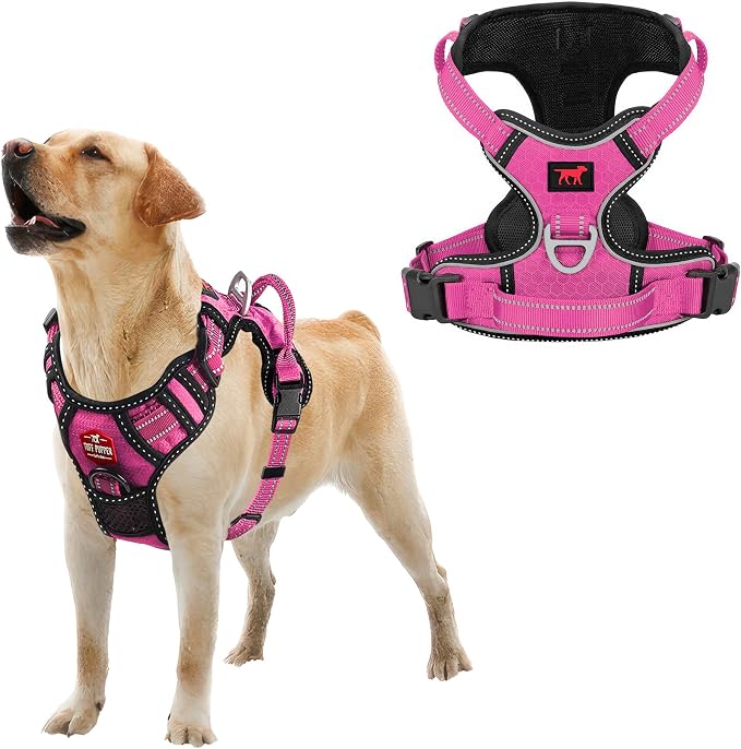 Tuff Pupper No Pull Easy Walk Dog Harness | Heavy Duty Pet Vest | Front & Back Leash Clips | Strong Safety Handle | Reflective Anti Pull Vest | Comfortable Padded Escape Proof Harness (Large, Pink)