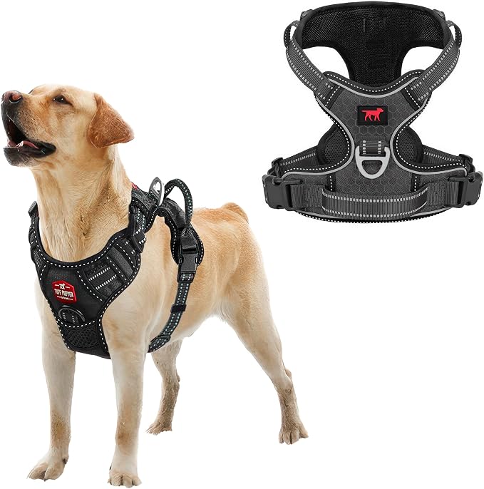 Tuff Pupper No Pull Easy Walk Dog Harness | Heavy Duty Pet Vest | Front & Back Leash Clips | Strong Safety Handle | Reflective Anti Pull Vest | Comfortable Padded Escape Proof Harness (Large, Black)