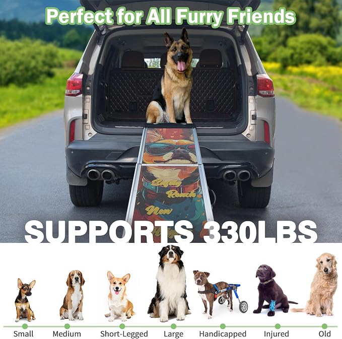 COZIWOW Telescoping Dog Car Ramp for Large Dogs - Heavy-Duty Aluminum Pet Ramp with High-Traction Surface, Anti-Slip Steps for Cars/Trucks/SUVs,Adjustable Sizing,330LB Load Capacity (63.5" L)