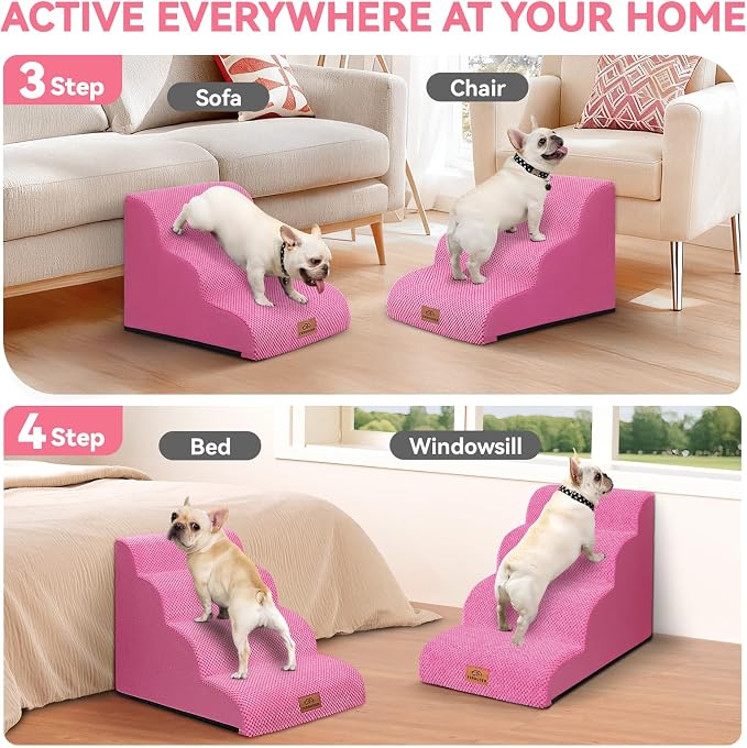 Zerbuger Dog Ramp and Stair for Bed 16" H-20 H,3-Step Cat Stair for Sofa and Chair,4-Step Dog Ramp for High Bed and Window,Durable Nonslip Fabric Cover for Indoor (Pink-16 H, Pet Friendly, 3)