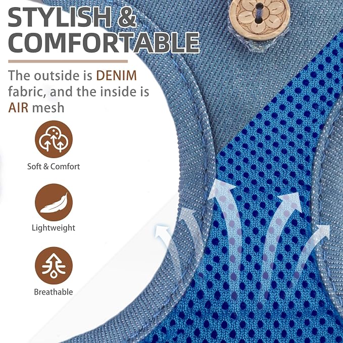 PUPTECK Dog Harness and Leash Set for Small Medium Dogs No Pull Step-in Soft Mesh Puppy Cat Vest Harnesses Reflective at Night, Denim Steelblue S
