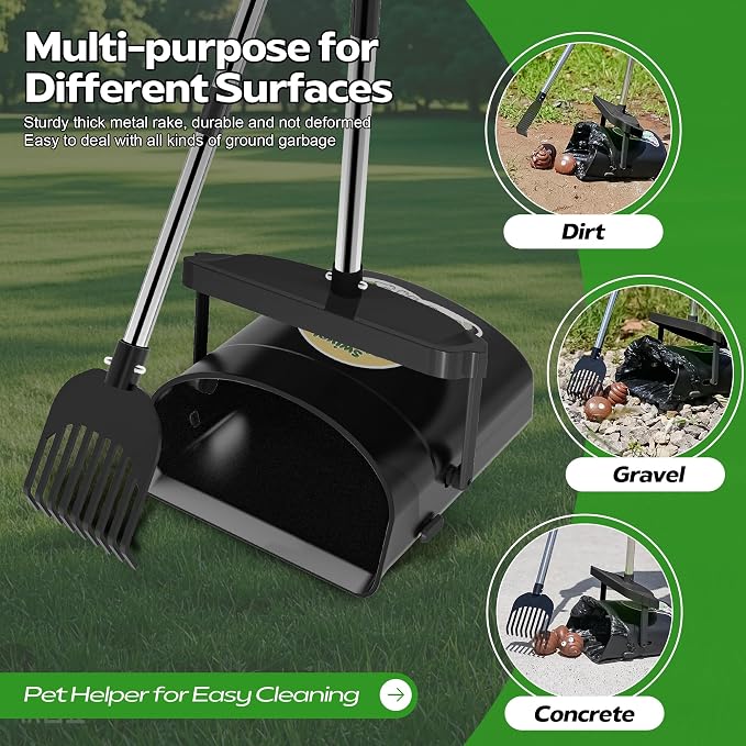 UPSKY Dog Pooper Scooper Swivel Bin & Rake Kit with 100 Waste Bags, 33.4" Stainless Steel Long Handle Heavy Duty Pet Poop Shovel for Large Medium Small Dogs, Odor-Proof Lid for Yard/Lawn/Outdoor Use