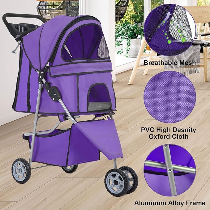 BestPet 3-Wheel Jogger Pet Stroller - Purple, Cup Holder & Removable Liner