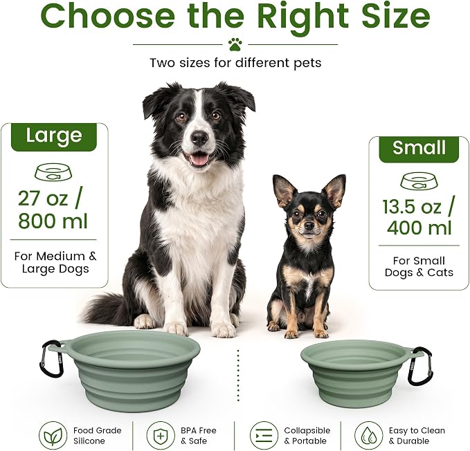 OHMO Collapsible Dog Bowl, 2 Pack, 12oz/400ml, Camo & Light Green
