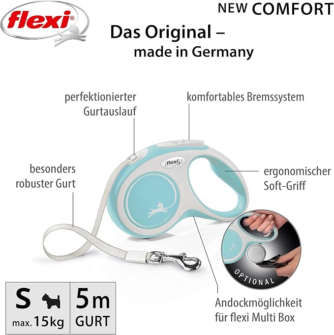 Flexi New Comfort Tape Grey & Light Blue Small 5m Retractable Dog Leash/Lead for Dogs up to 15kgs/33lbs