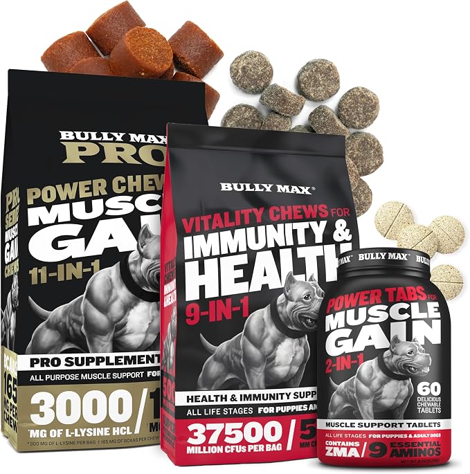 Bully Max Pro Series Muscle Gain Power Chews & Chewable Tablets (60 tabs) + Vitality Chews Bundle for Comprehensive Muscle, Immunity, Joint, Skin & Coat Support – for All Breeds, Puppies & Adult Dogs