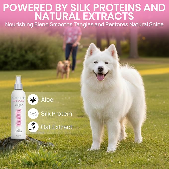 BioSilk for Dogs Silk Therapy Detangling and Shine Spray, 8 Fl Oz | pH-balanced, paraben-free leave-in mist with silk and vitamins, dematting spray for all coats and breeds