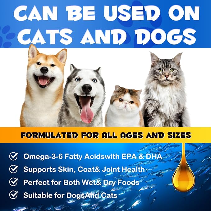 Salmon Oil for Dogs and Cats 8.8fl.oz, Omega 3 EPA DHA Joint&Immune Health, Salmon Oil for Dogs Skin and Coat Support(Cats), Wild Alaskan Salmon Oil for All Ages and All Breefs, for Dog and Cat.