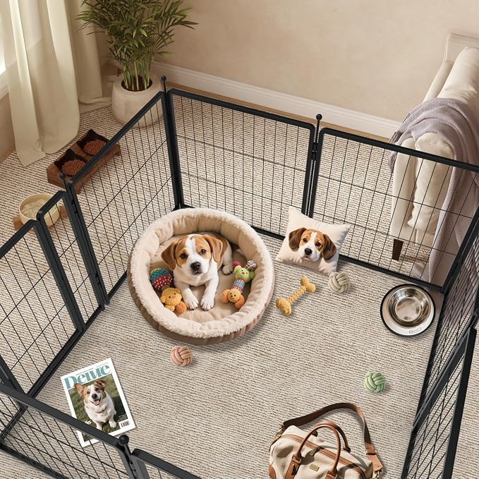 Dog Playpen 36 inch 4 Panels for Indoor & Outdoor Use – Heavy-Duty Metal Pet Fence with Ground Stakes, Rounded Ball Tops for Safety, Stable & Foldable Design, Easy to Assemble