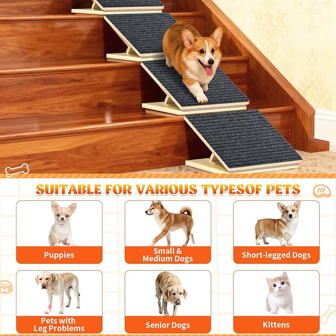 TNELTUEB 4 Pack Upgraded Dog Ramps for Stairs, Adjustable Stair ramp for Dogs,Portable Dog Stairs with Mat for Small Dogs and Cats, Non-Slip Pet Steps for Elderly or Injured Pets
