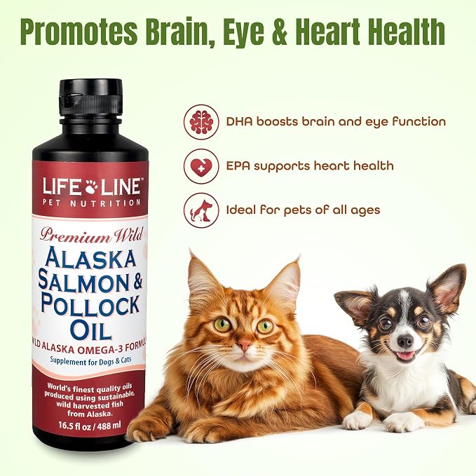 Life Line Pet Nutrition Wild Alaska Salmon & Pollock Oil - Omega 3 Supplement for Dogs and Cats in All Life Stages, 16.5 Fl Oz