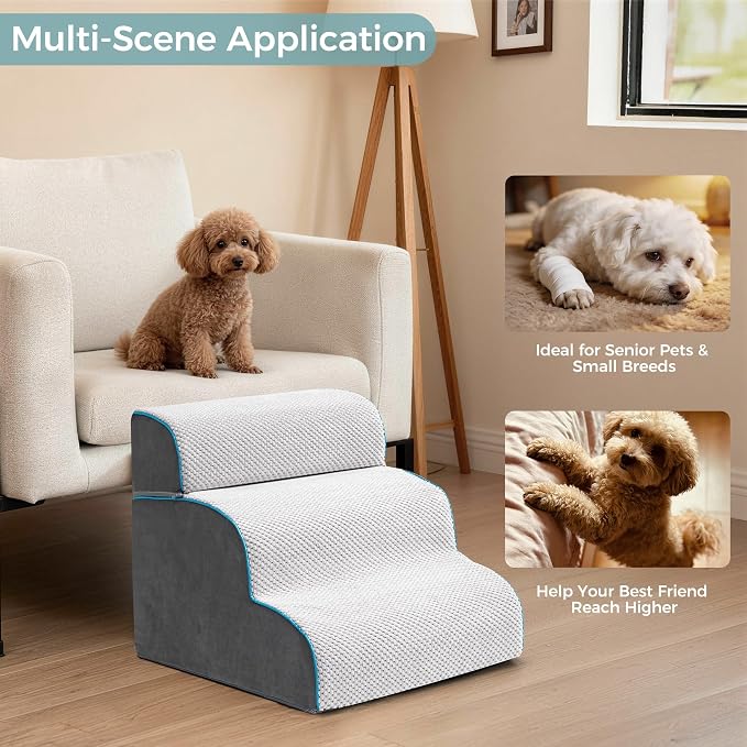 Dog Stairs, Steps and Ramp for High Bed & Sofa, 13-24" H Detachable Pet Stairs for Small Medium Dogs, Sturdy 40D Foam, Non-Slip, Washable Cover with Lint Roller, Grey