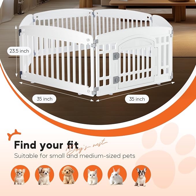 HealSmart 24 Inch 6-Panel Pet Playpen, Sturdy Dog Playpen with Safety Locking Door, Foldable & Portable Design for Puppies, Small & Medium Dogs, White