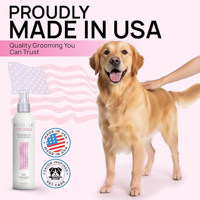 BioSilk for Dogs Silk Therapy Detangling and Shine Spray, 8 Fl Oz | pH-balanced, paraben-free leave-in mist with silk and vitamins, dematting spray for all coats and breeds