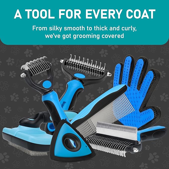 Maxpower Planet Pet Grooming Brush, Shedding Undercoat Rake, Dogs | Blue, Double-Sided Deshedding & Detangling, Gloves Included