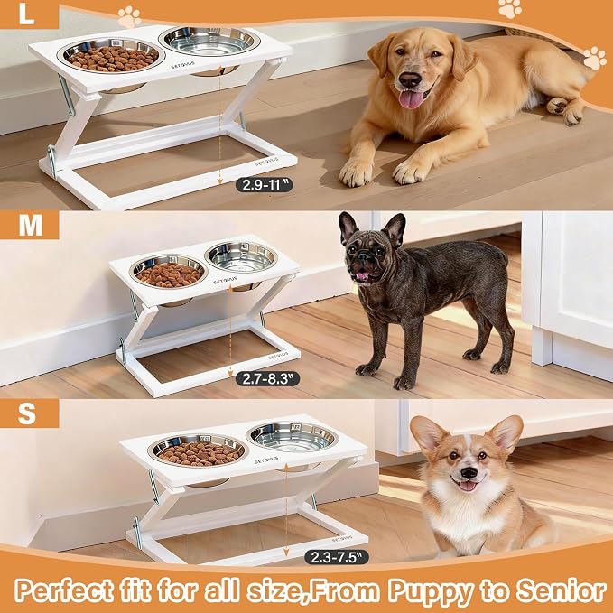 Elevated Dog Bowl, Anti-Slip Feeder, Adjustable Elevated Dog Bowl Stand, 0-20° Tilt Water Bowl with 2 Stainless Steel Food Bowls Dishwasher Safe, Suitable for Small Dogs, Puppies and Cats (White)