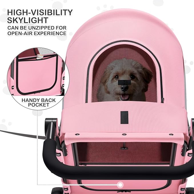 MoNiBloom 3-Wheel Pet Stroller for Large Dogs - Pink, up to 55lbs, Dual Entry