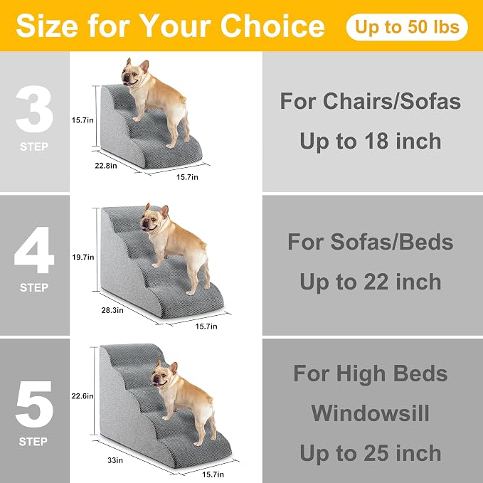 Dog Stairs, 15.7” H – 3-Step Foam Ramp for Small Dogs & Cats, Waterproof Washable Cover, Non-Slip Base, Lightweight Pet Ladder for Couch or Bed (Grey)