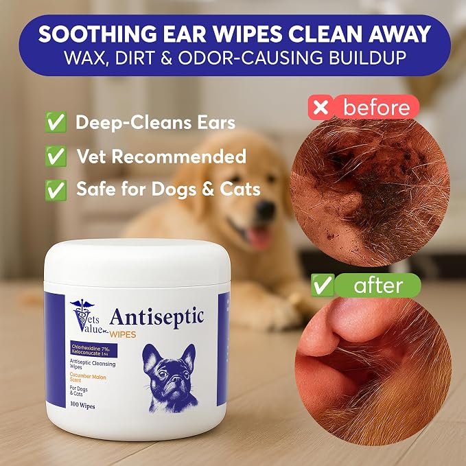 Veterinary Ear Cleaning Wipes for Dogs & Cats, Aloe-Based, 100 Count