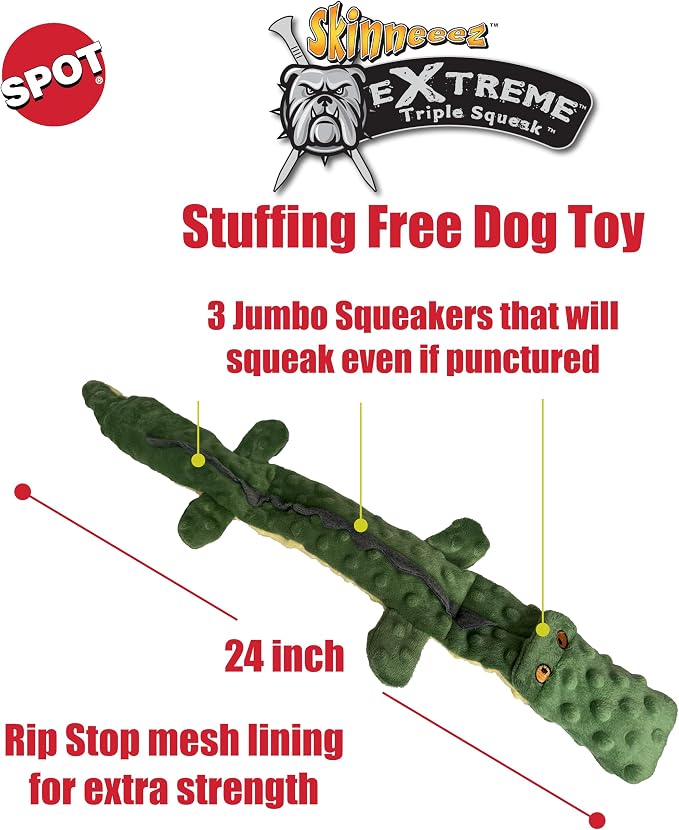 SPOT Skinneeez Extreme Triple Squeak Crocodile - Durable, Stuffing-Free Dog Toy with Rip-Stop Mesh & 3 Jumbo Squeakers, For Aggressive Chewers - Perfect for Medium to Large Dogs & Puppies, 24 inch
