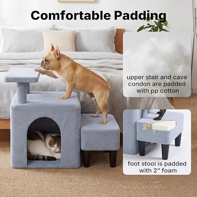 Veehoo 3 in 1 Dog Cat Stairs for Bed Couch, Small Steps Non Slip for Older Dogs Cats to Get on Bed Portable with Cave Condo and Cushioned Foot Stool, Pet Steps Cat Ramps Indoor for Senior Cats Dogs
