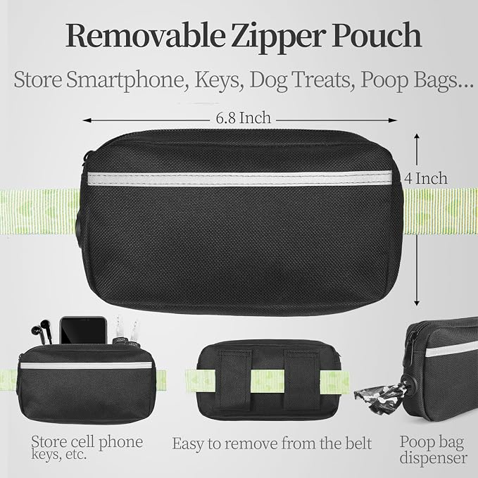 iYoShop Hands Free Dog Leash with Zipper Pouch, Green Heart, Large | Waist Leash, Dual Padded Handles, Shock-Absorbing Bungee, Adjustable Waist Belt, Walking and Running