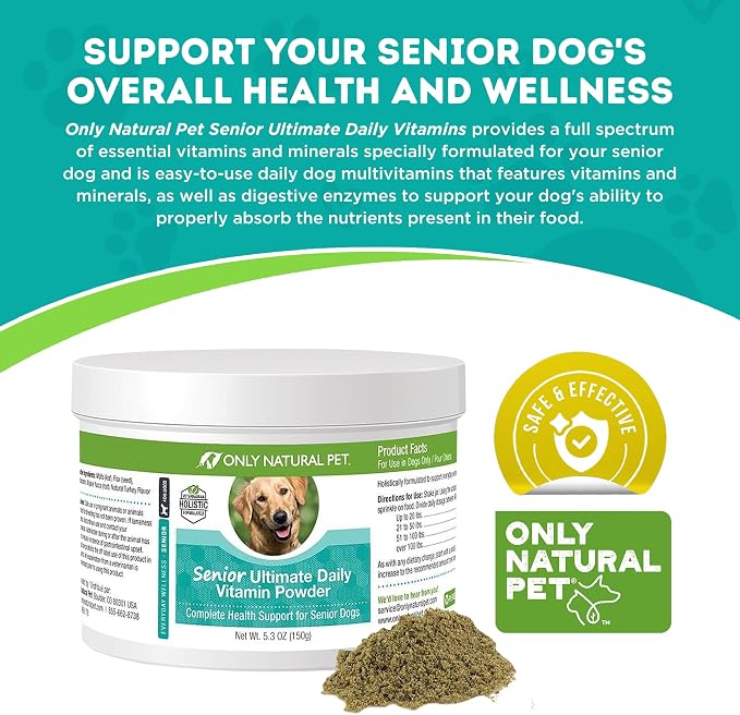 Only Natural Pet Senior Ultimate Daily Canine Vitamin Supplement for Dogs Complete Holistic Health Support - Made in USA, 5.3 oz Turkey Flavored Powder