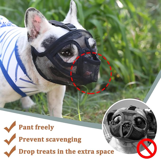 Mesh Short Snout Dog Muzzle with Anti-Eating Design for Frenchie | Fits French Bulldog Pug English Bulldog, Prevent Scavenging, Walking Grooming Use , Allows Full Panting Drinking | Black, XS
