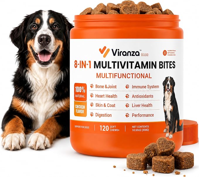 120 Dog Multivitamin | 8-in-1 Dog Allergy Chews | Probiotics for Dogs | Daily Dog Vitamins & Supplements, Chicken Flavor Multivitamin for Digestion, Gut, Hip & Joint, Skin & Coat and Immune Support