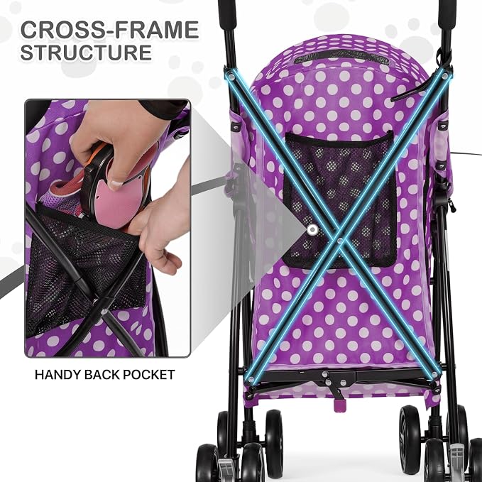 MoNiBloom 4-Wheel Foldable Pet Stroller - Purple Polka Dots