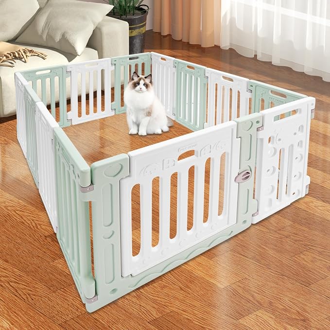 13pcs Dog Playpen w/Door Plastic Puppy Playpen Pet Exercise Pen Indoor Outdoor Fence Configurable Panels Secure Pet Gate for Small to Medium Pets (Green White)