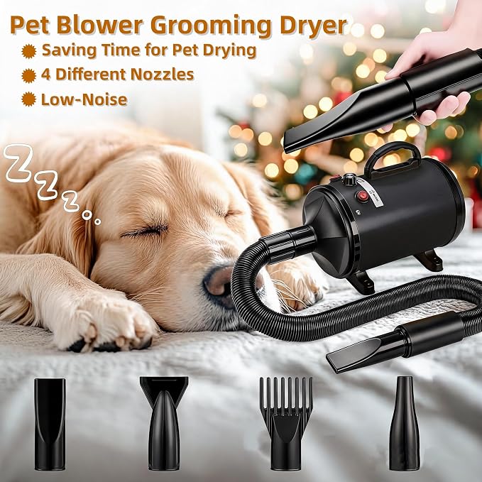 Dog Dryer High Velocity Dog Hair Dryer 3.0HP/2200W, Stepless Adjustable Speed Temperature Dogs Grooming Blow Dryer, Pet Dryer with 4 Nozzles,Blow Dryer for Dogs, Black