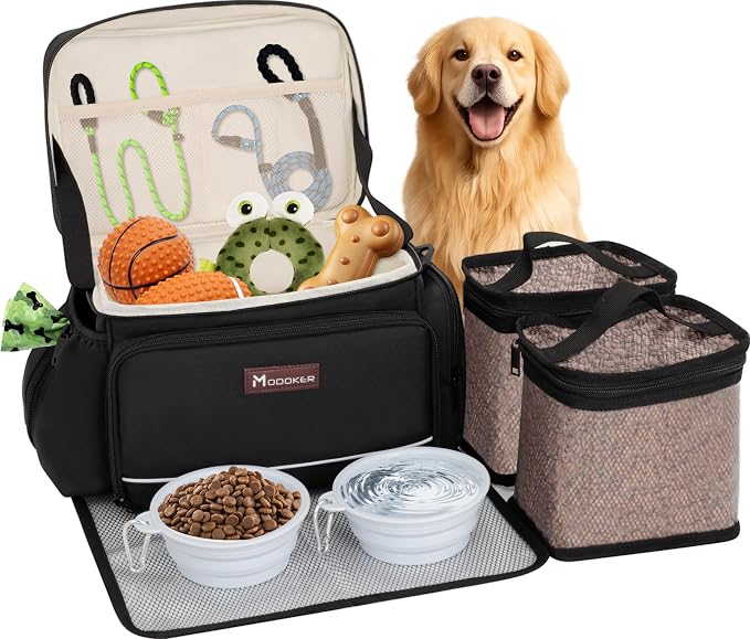 Modoker Dog Travel Bag Airline Approved, 2 Bowls, 2 Food Containers & Feeding Mat