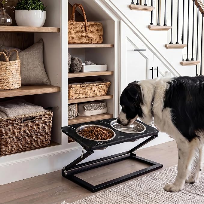 Elevated Dog Bowl Set: Height-Adjustable Stand with 2 Stainless Steel Food Bowls and a 20° Tilted Water Bowl—Suitable for Small, Medium, and Large Dogs (Faux Black Marble, Medium)